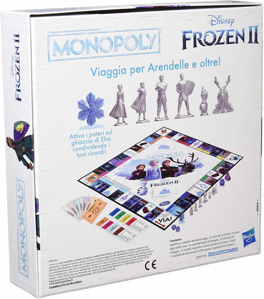 Il retro della scatola del gioco da tavola Monopoly Frozen 2 targato Hasbro.